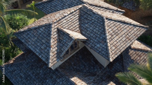 Detailed close-up of gray asphalt shingles. Artificial intelligence image