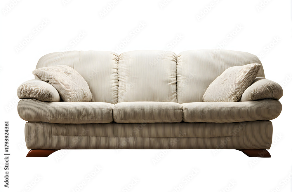 Obraz premium Plush cream colored sofa with accent pillows stands against white background.