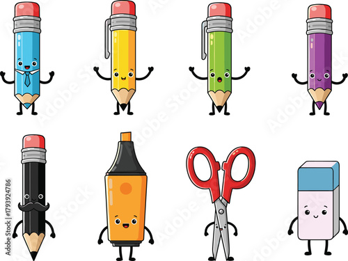 Cartoon school supplies characters, smiling pencil, happy eraser, cute scissors, funny highlighter, educational illustration, classroom tools, kids learning, vector art