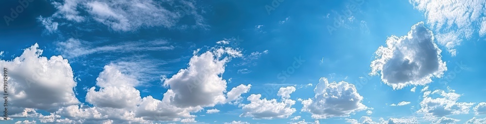 Fototapeta premium A panoramic view of a bright blue sky filled with fluffy white clouds, creating a serene and uplifting atmosphere.
