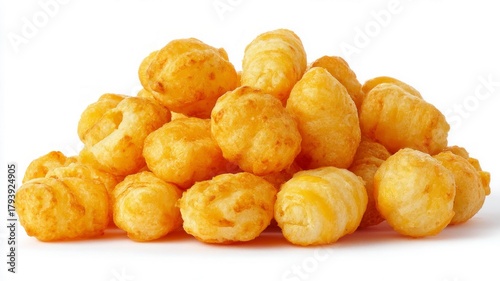 Pile of crunchy corn puffs on white background. Artificial intelligence image