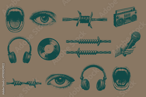 Colorful grunge halftone collage Open Mouth, Headphone, Vinyl Record, Hand Holding Microphone, Screaming Mouth, Safety Pin, Disco Ball, Record Player, Eye, Barbed Wire, Chain Necklace, Another