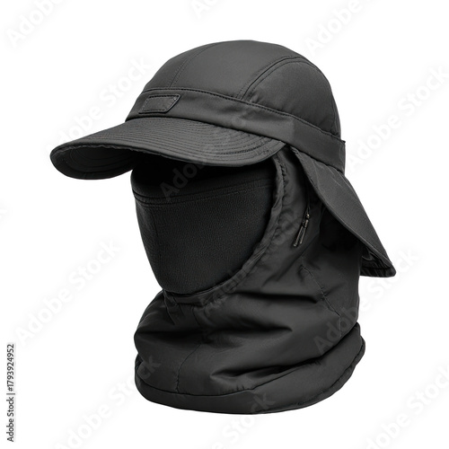Black hat with face covering and ear flaps, cold weather gear