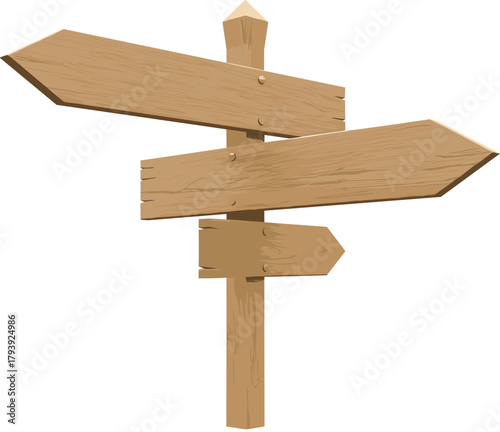 Rustic wooden signpost with blank directional arrows, empty guidepost symbolizing choices, navigation, decision making, travel direction, guidance, crossroads concept