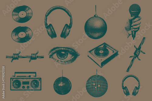 Colorful grunge halftone collage Open Mouth, Headphone, Vinyl Record, Hand Holding Microphone, Screaming Mouth, Safety Pin, Disco Ball, Record Player, Eye, Barbed Wire, Chain Necklace, Another