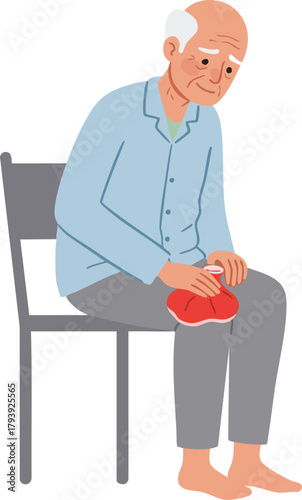 Elderly man sitting on a chair holding his knee with a red inflamed area, depicting arthritis pain in a simple illustrative style against a clean white background.