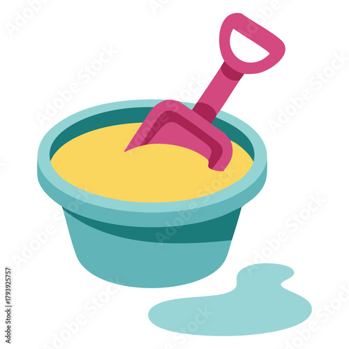 Doodle drawing of beach bucket with sand and small shovel isolated vector illustration on white background
