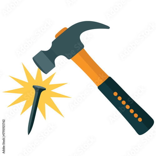 Broken construction hammer hitting metal nail isolated vector illustration on white background