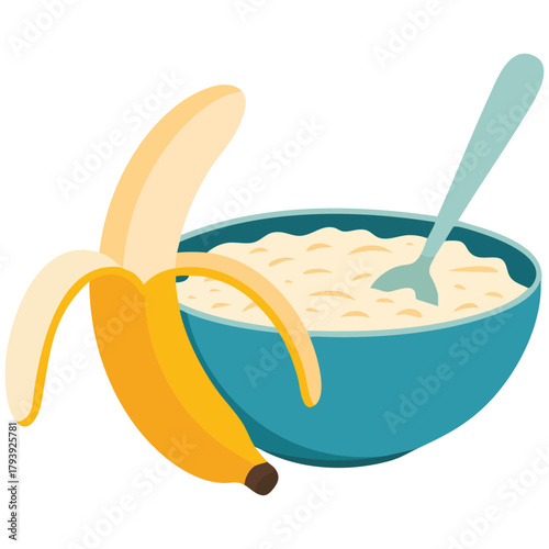 Oatmeal with banana in bowl healthy breakfast isolated vector illustration on white background