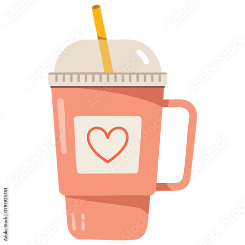 Reusable takeaway drink cup with handle and straw isolated vector illustration on white background