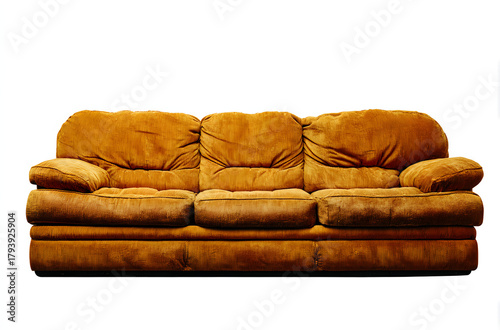 Plush, overstuffed sofa with warm brown upholstery is shown front on.