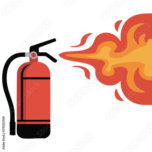 Burning fire with red fire extinguisher safety equipment isolated vector illustration on white background
