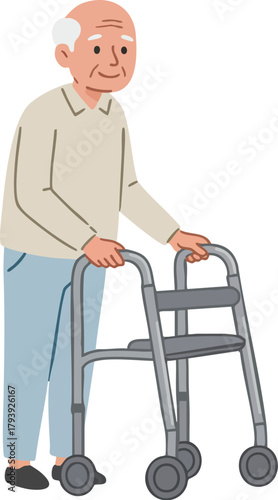 Elderly man using a walker for support while standing, conveying a sense of stability and care on a plain white background with a subtle mood.