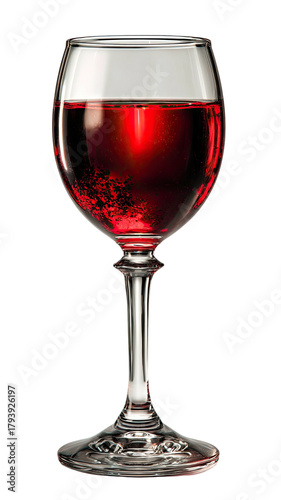 Red wine in clear glass with long, ornate stem on black background