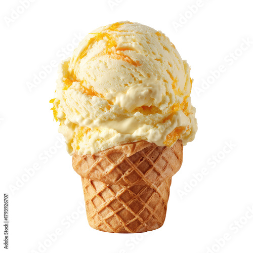 Ice cream scoop with orange swirls in a waffle cone