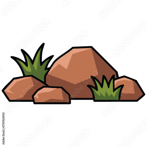 Game interface cartoon stones with grass isolated vector illustration on white background