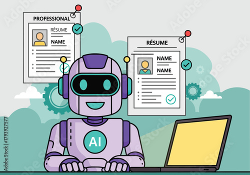 Vector illustration of robot with ai logo reviewing resumes on a laptop
