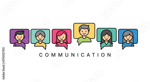 Vector illustration of diverse group of people communicating through speech bubbles