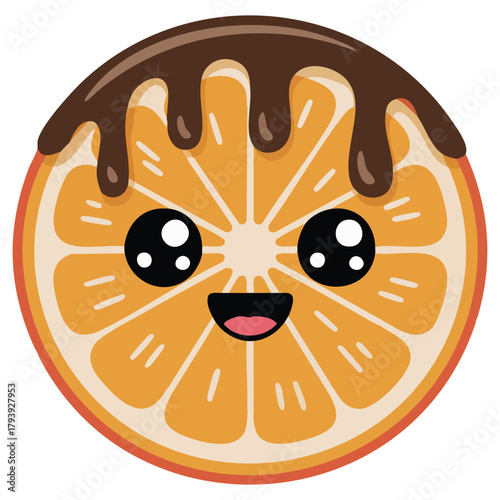 Kawaii orange slice in chocolate dessert isolated vector illustration on white background