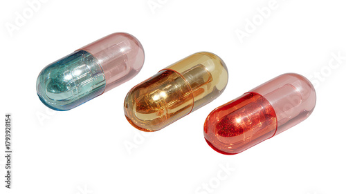 Three translucent capsules, blue, orange, and red, on a black backdrop