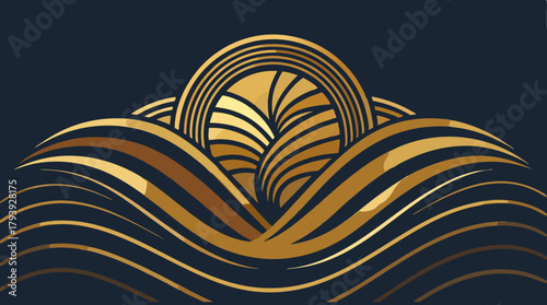Luxurious Art Deco abstract design featuring waves and stylized foliage in shimmering gold and deep navy blue. Elegant, sophisticated background for premium branding and events.