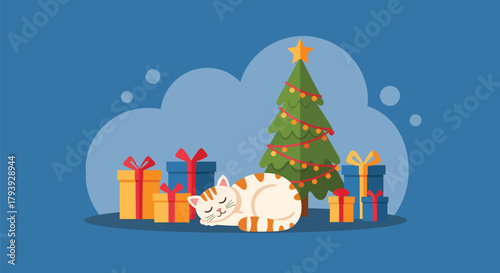 Sleeping Cat with Christmas Tree and Gifts Illustration.