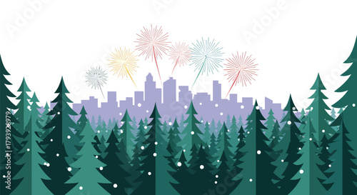 Festive Cityscape - Fireworks Over Forest and Buildings.