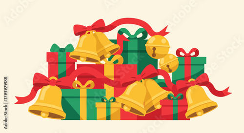 Festive Christmas Gifts and Golden Bells Illustration.