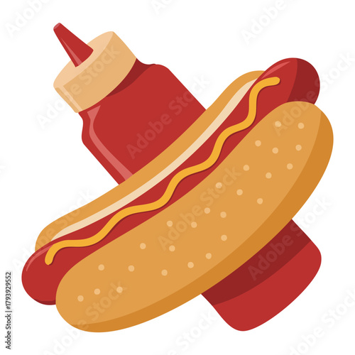 Modern hot dog with mustard and ketchup bottles vector illustration isolated