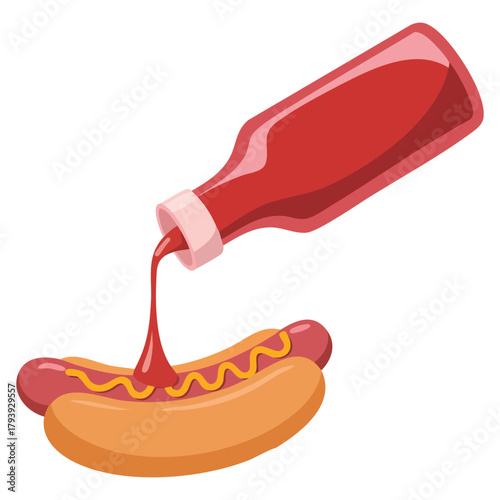 Tasty hot dog in bun with condiment bottles vector illustration isolated