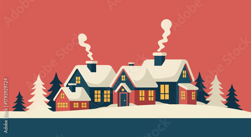 Cozy Winter Village Scene with Snow-Covered Houses and Smoking Chimneys.