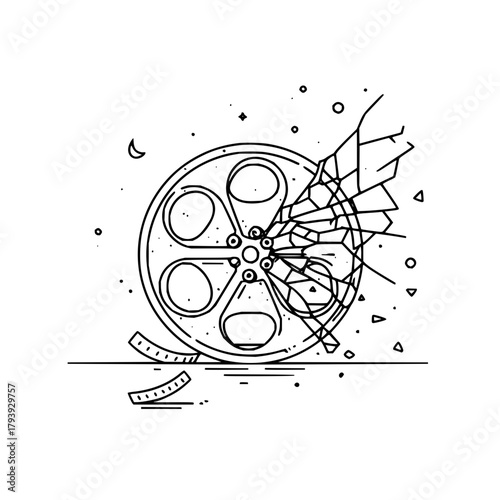 Broken film reel cinema movie industry concept shattered filmstrip abstract vector illustration design