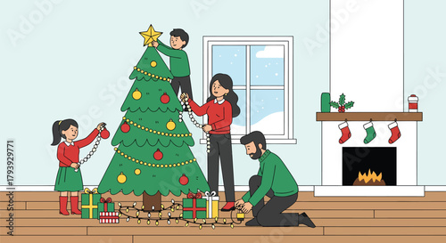 Family Decorating Christmas Tree with Star and Ornaments.