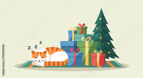 Sleeping Cat with Christmas Gifts and Tree Illustration.