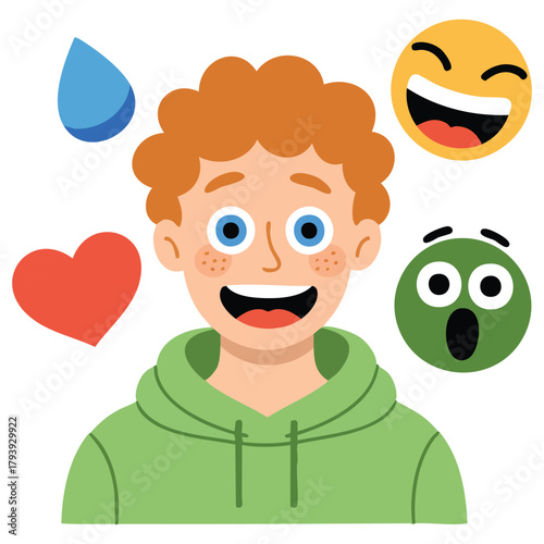Child character surrounded by emotions management vector illustration