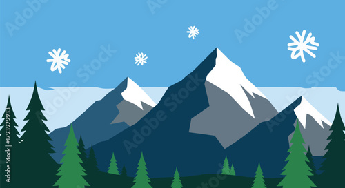 Snowy Mountain Landscape with Pine Trees and Falling Snowflakes.