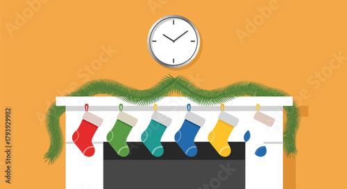 Festive Fireplace with Christmas Stockings and Clock Decoration.