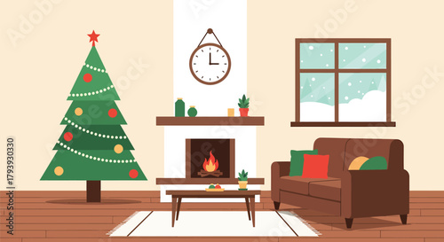 Cozy Christmas Living Room with Tree and Fireplace Illustration.