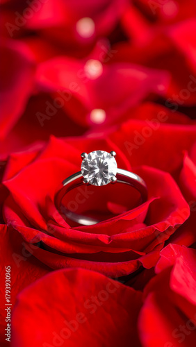 Diamond ring rests on vibrant red rose petals offering visual elegance