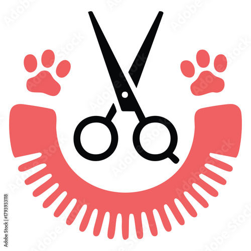 Dog grooming logo design paw prints comb scissors isolated vector