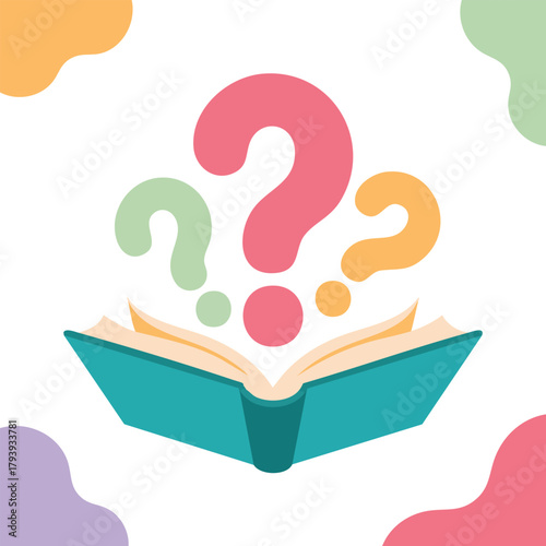 Open hardcover book releasing multiple colorful floating question mark symbols isolated vector illustration on white background