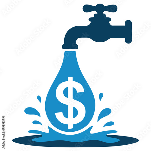 Water faucet flowing dollar sign currency symbol representing financial loss isolated vector illustration on white background