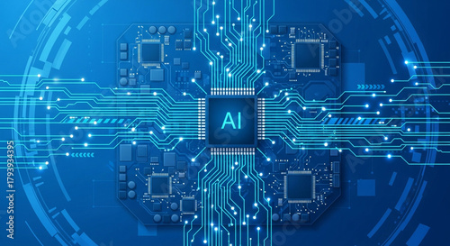 Wallpaper Mural Futuristic AI circuit board design for innovative technology concepts and digital transformation in shades of blue, conveying cutting-edge innovation Torontodigital.ca