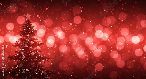 Christmas tree with snowflakes against a red bokeh background