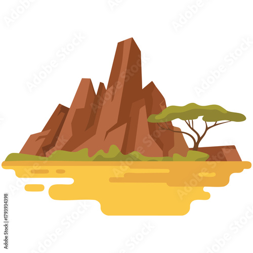 African plains scenery with faded vegetation and rocks isolated vector illustration on white background