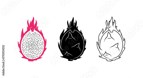 Minimalist illustration of three sets of dragon fruit silhouettes, Symbolizing tropical minimalist, flat vector design.