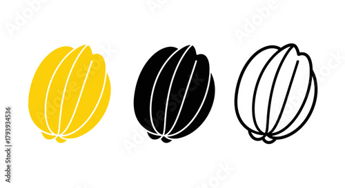 Minimalist illustration of three sets of starfruit silhouettes, Symbolizing exotic minimal fruit, flat vector design.