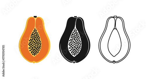 Minimalist illustration of three sets of papaya silhouettes, Symbolizing tropical minimalist, flat vector design.
