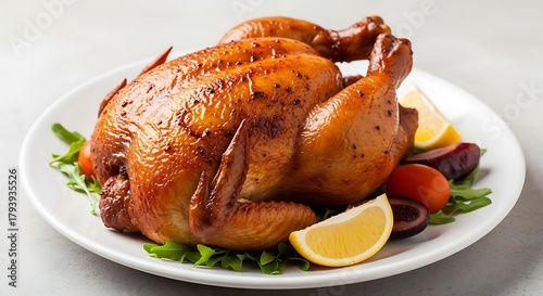 Roasted chicken with lemon and tomatoes on a white plate, ready to eat