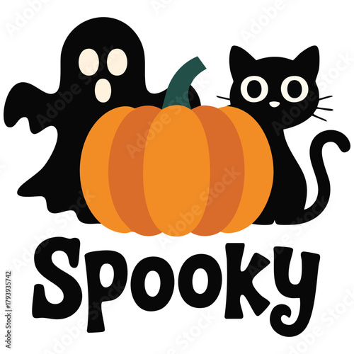 Halloween illustration with pumpkin ghost black cat isolated vector illustration on white background